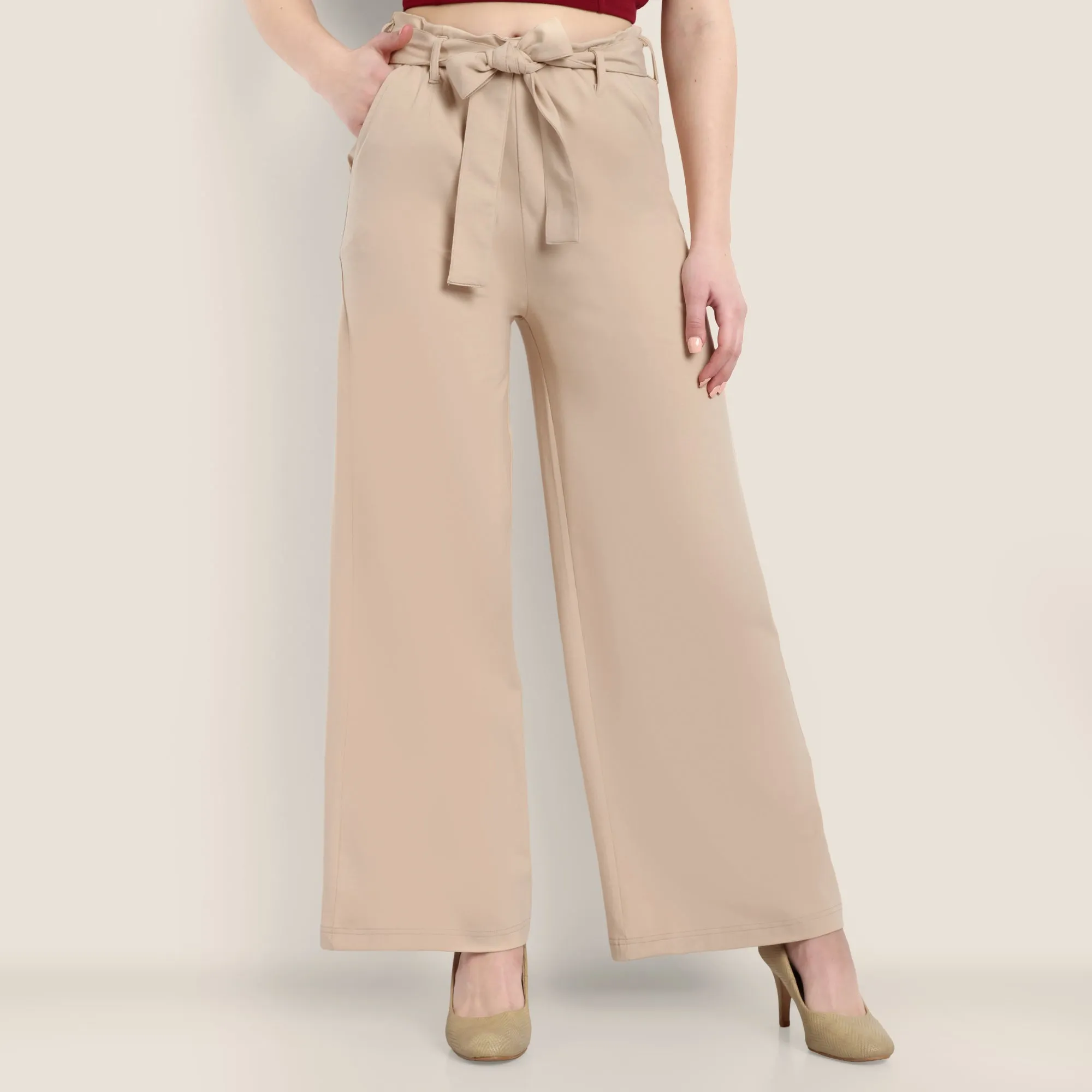 Women Beige Cotton Blend Trousers