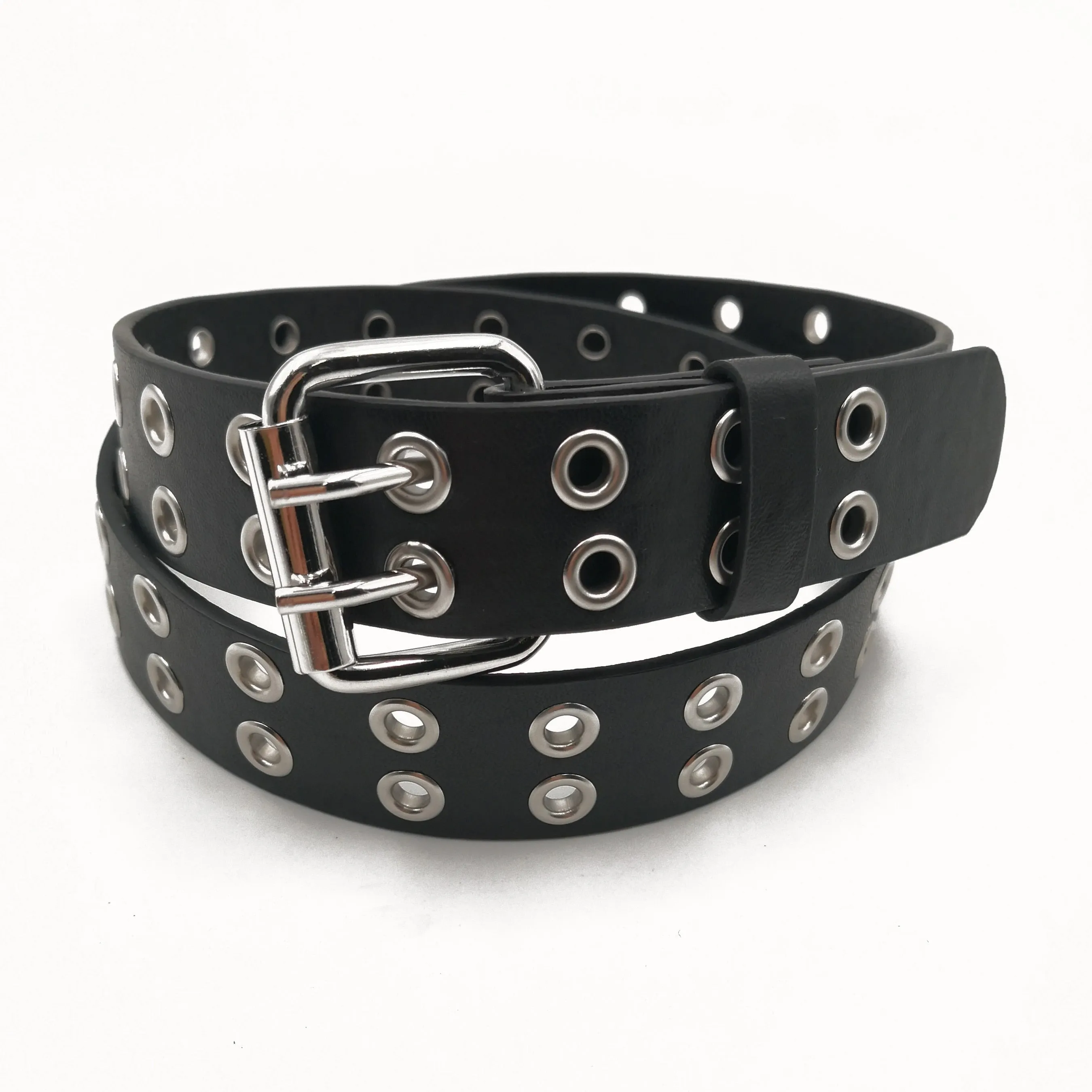 Women's Punk Style Fashion Belt Women Adjustable Black Double Eyelet Buttonhole Leather Waistbelt Personality Jeans Belt