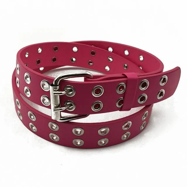 Women's Punk Style Fashion Belt Women Adjustable Black Double Eyelet Buttonhole Leather Waistbelt Personality Jeans Belt