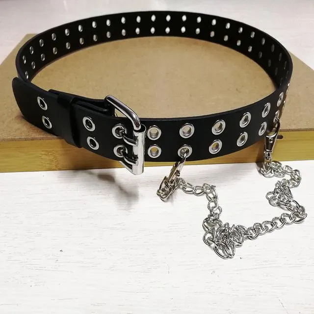 Women's Punk Style Fashion Belt Women Adjustable Black Double Eyelet Buttonhole Leather Waistbelt Personality Jeans Belt