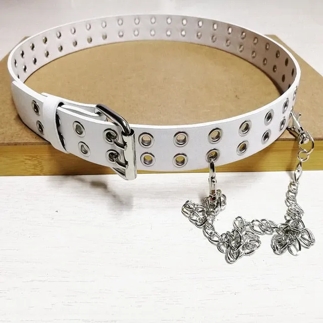 Women's Punk Style Fashion Belt Women Adjustable Black Double Eyelet Buttonhole Leather Waistbelt Personality Jeans Belt