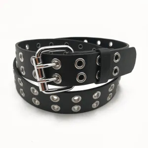Women's Punk Style Fashion Belt Women Adjustable Black Double Eyelet Buttonhole Leather Waistbelt Personality Jeans Belt