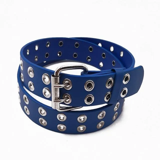 Women's Punk Style Fashion Belt Women Adjustable Black Double Eyelet Buttonhole Leather Waistbelt Personality Jeans Belt